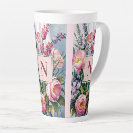 Taza De Café Latte Flores de lavanda rosadas acuarela moderna
