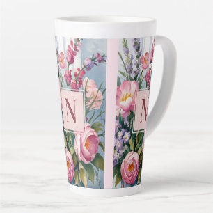 Taza De Café Latte Flores de lavanda rosadas acuarela moderna 
