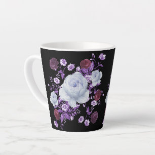 TAZA DE CAFÉ LATTE FLORES DE LILA, FONDO NEGRO