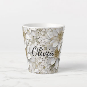 Taza De Café Latte Flores de Loto Blancas Doradas Personalizadas