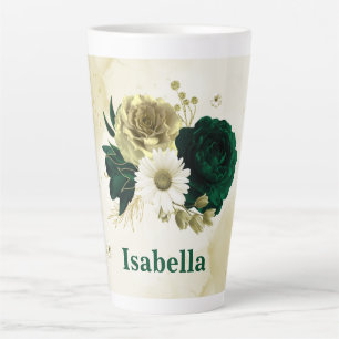 Taza De Café Latte Flores de oro marfil verde esmeralda monograma