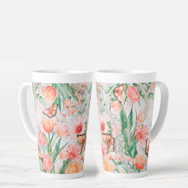 Taza De Café Latte Flores de primavera mariposas Latte Mug (Subido por el creador)