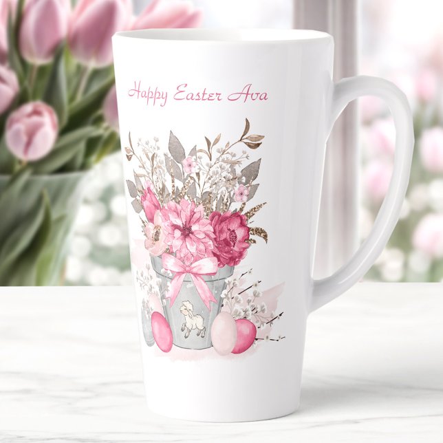 Taza De Café Latte Flores de primavera rosada Nombre personalizado de (Pink Spring flowers Easter Personalized Name Latte Mug)