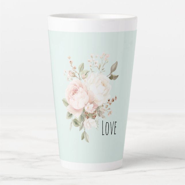 Taza De Café Latte Flores de rosa blancas rosadas con toque de menta (Anverso)