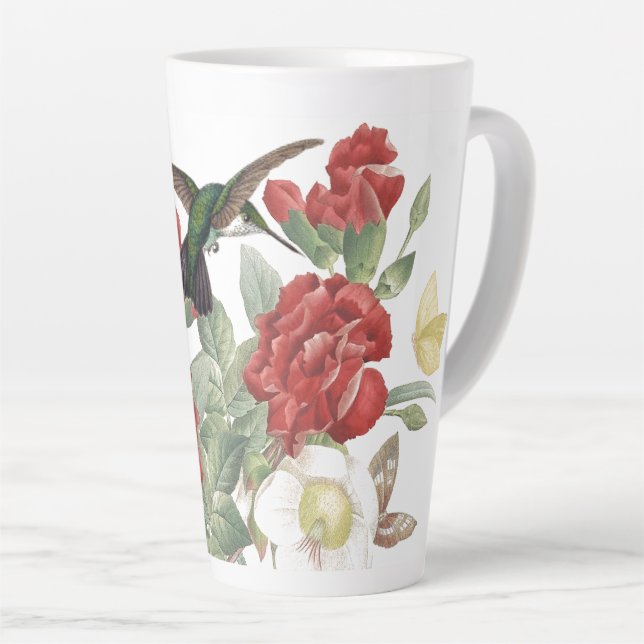 Taza De Café Latte Flores de rosa roja mariposa de pájaros Hummingbir (Ángulo derecho)