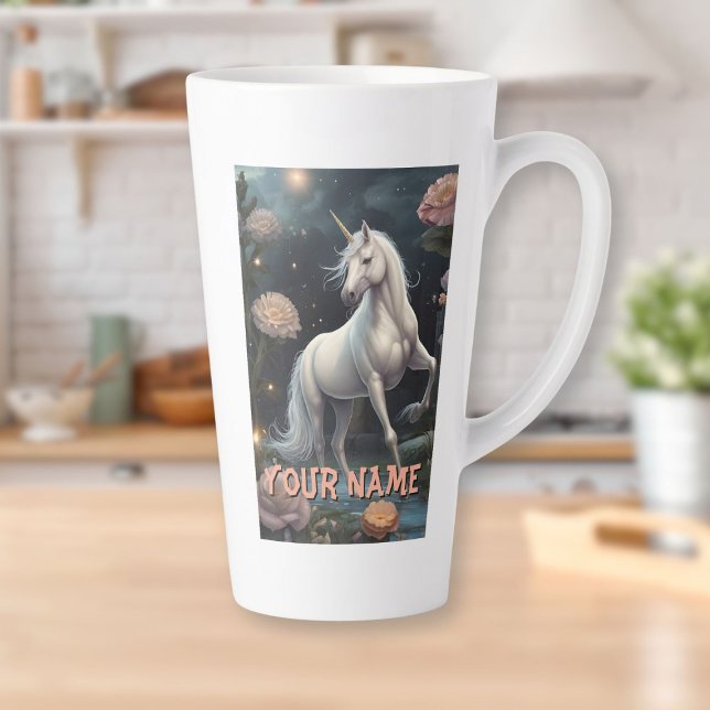 Taza De Café Latte Flores de unicornio blanco personalizadas (Personalized White Unicorn Flowers Latte Mug)