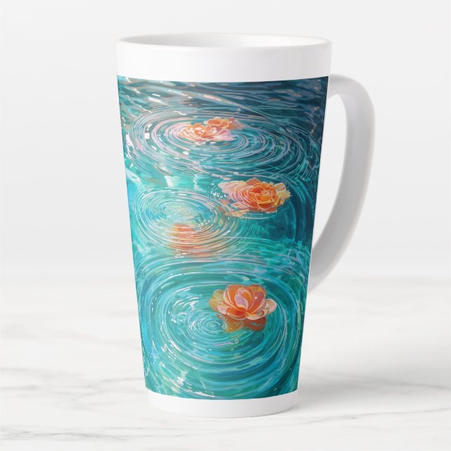 Taza De Café Latte Flores flotando en el agua (Ángulo derecho)