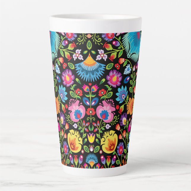 Taza De Café Latte Flores folclóricas Wycinanki negro  (Anverso)