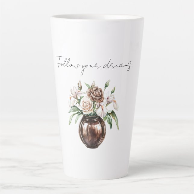 Taza De Café Latte Flores Marrones Chocolate Crema Marfil (Anverso)