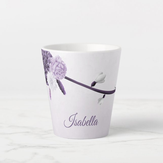 Taza De Café Latte flores moradas románticas botánicas (Anverso)