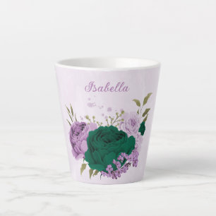 Taza De Café Latte flores moradas verdes esmeraldas