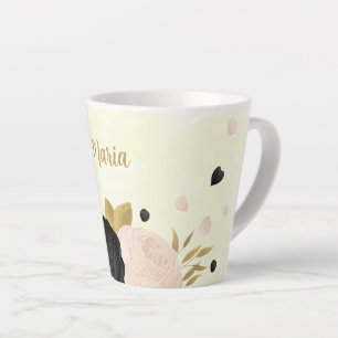Taza De Café Latte flores negras rosadas oro botánico boda