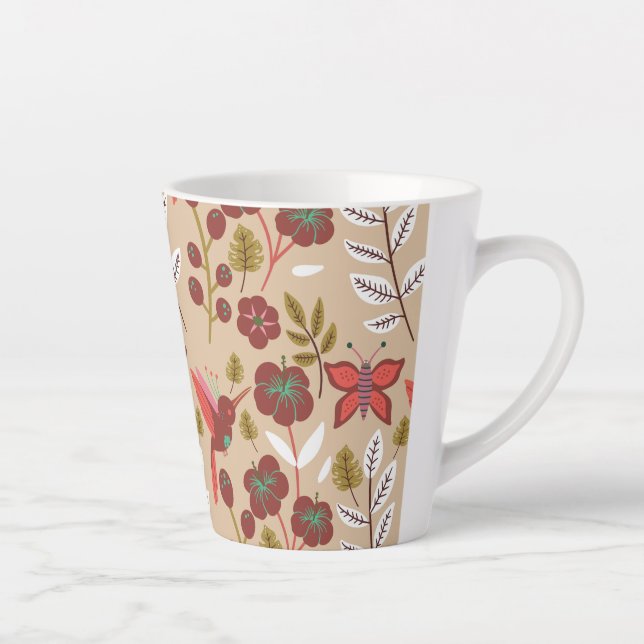 Taza De Café Latte Flores, pájaros, mariposa, sin costuras florales (Derecha)