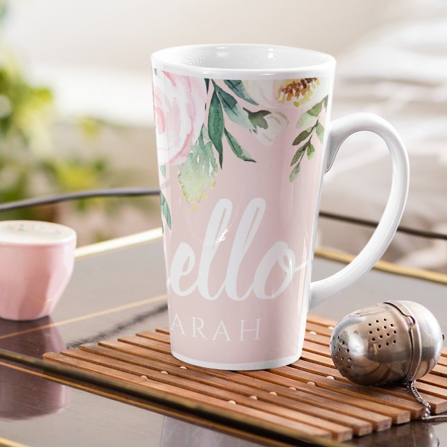 Taza De Café Latte Flores Pink Pastel Modernas Hola Y Nombras (Subido por el creador)