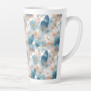 Taza De Café Latte Flores primaverales vintage y mariposa azul
