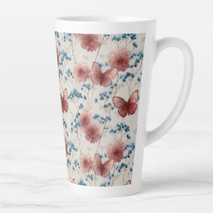 Taza De Café Latte Flores primaverales vintage y mariposas rosadas