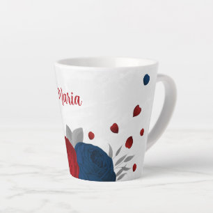 Taza De Café Latte flores rojas y azul marino plateadas bodas botánic