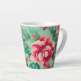 Taza De Café Latte Flores rojas y hojas verdes exquisitas