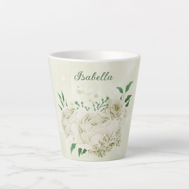 Taza De Café Latte Flores románticas blancas marfil verde (Anverso)