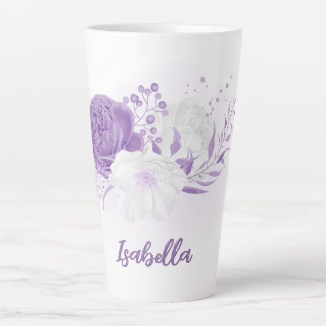Taza De Café Latte Flores románticas púrpura y blancas (Anverso)