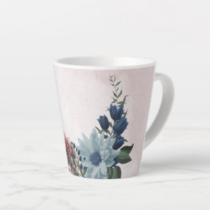 Taza De Café Latte Flores románticas rosadas azules vegetación