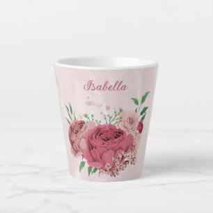 Taza De Café Latte flores rosadas hojas verdes 