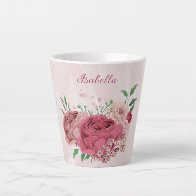 Taza De Café Latte flores rosadas hojas verdes  (Anverso)