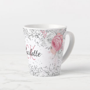 Taza De Café Latte Flores rosadas plateadas elegante nombre de monogr