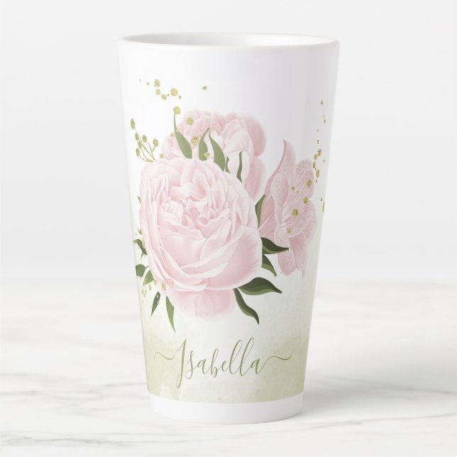 Taza De Café Latte flores rosadas románticas vegetación (Anverso)