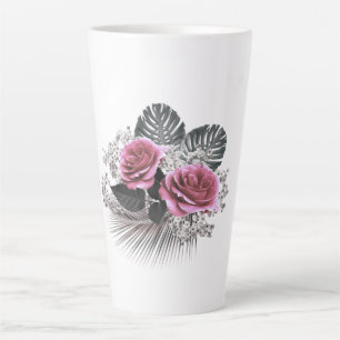 Taza De Café Latte Flores rosas hojas tropicales