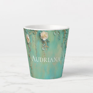 Taza De Café Latte Flores rosas romanticas Verde azuladas Rubor
