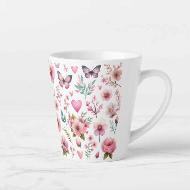Taza De Café Latte Flores rosas y mariposas (Derecha)