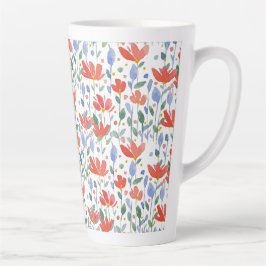 Taza De Café Latte Flores Silvestres Acuarela En Rojo Y Azul Dulce