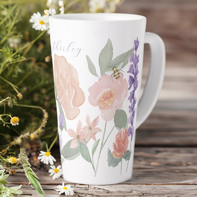 Taza De Café Latte Flores silvestres acuáticas y abejas melíferas per (Watercolor Wildflowers & Honey bee Personalized Latte Mug)