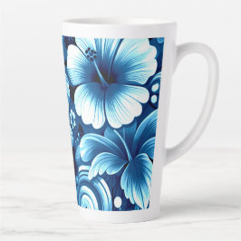 Taza De Café Latte Flores tropicales hawaianas Patrón azul Hibiscus