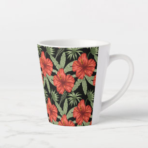 Taza De Café Latte Flores tropicales rojas patrón de hojas verdes sin