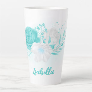 Taza De Café Latte flores turquesa románticas