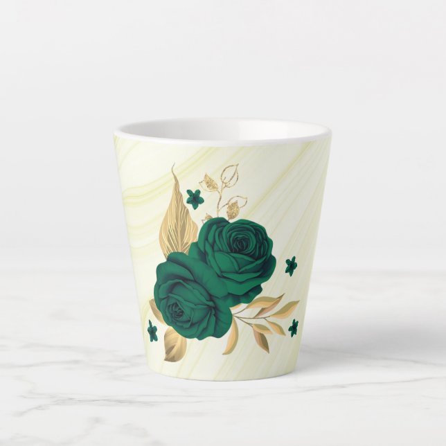 Taza De Café Latte flores verde esmeralda hojas doradas mármol (Anverso)