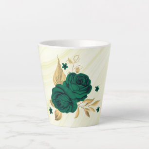 Taza De Café Latte flores verdes esmeraldas hojas de oro