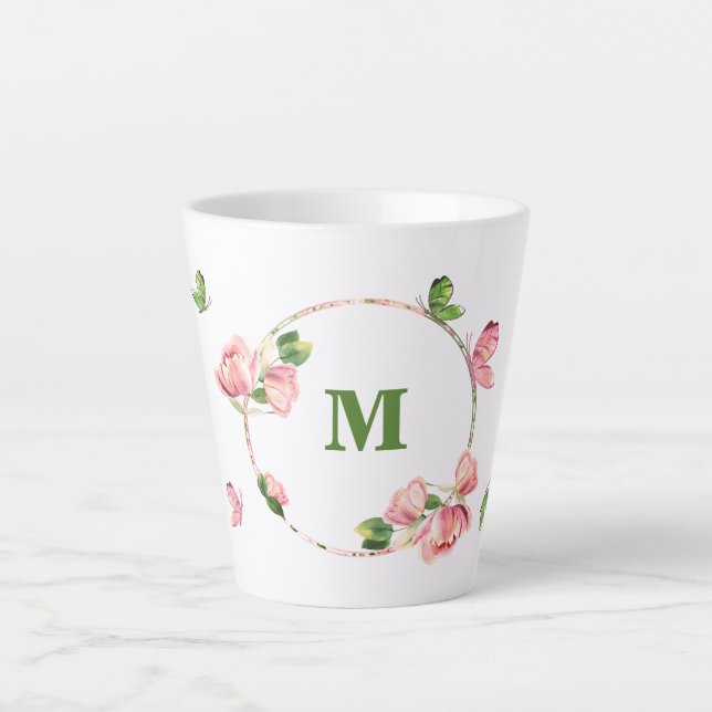 Taza De Café Latte flores verdes mariposas rosa caliente (Anverso)