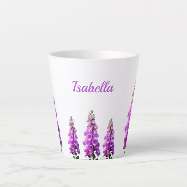 Taza De Café Latte Flores violetas blancas con nombre rosa floral (Anverso)
