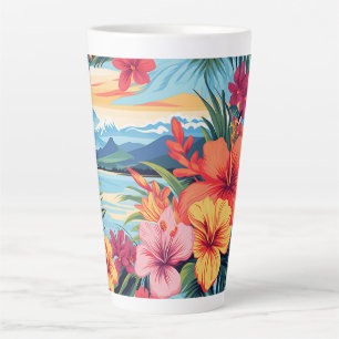 Taza De Café Latte Flores y paisajes tropicales coloridos