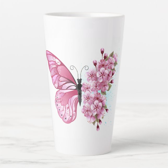 Taza De Café Latte Flower Butterfly with Pink Sakura (Anverso)