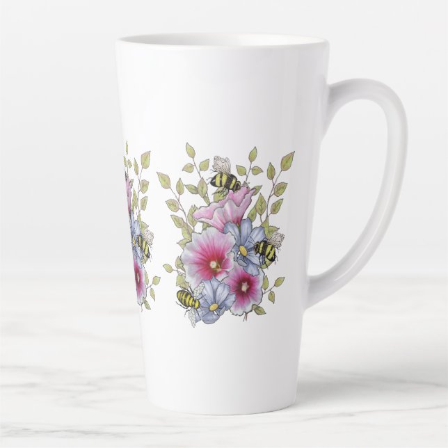 Taza De Café Latte Flowers and Bees, Freehand Botanical Art (Derecha)