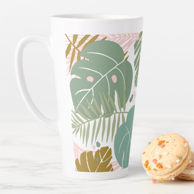 Taza De Café Latte Foliage Tropical - Monstera Y Patrón De Hojas De P (In situ)