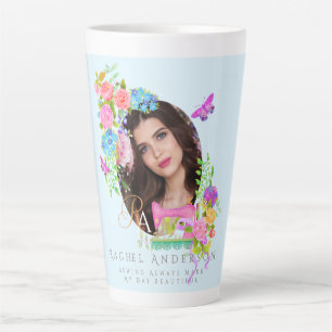 Taza De Café Latte Foto de monograma floral de cinta de mascar azul