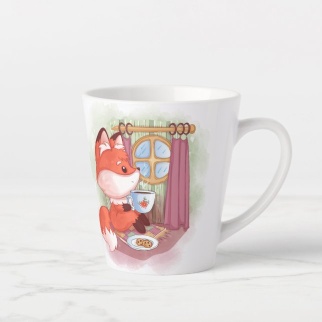Taza De Café Latte Fox acuarela con té y bizcochos (Derecha)