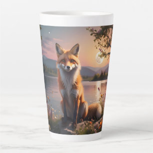 Taza De Café Latte Fox sentada junto al lago al atardecer.