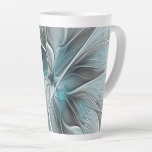 Taza De Café Latte Fractal floral moderno abstracto flor azul gris