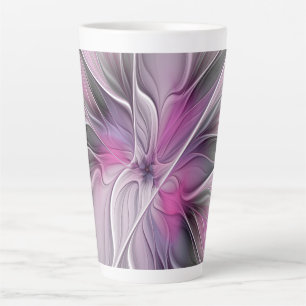 Taza De Café Latte Fractal Floral Moderno Abstracto Flor Rosa Gris